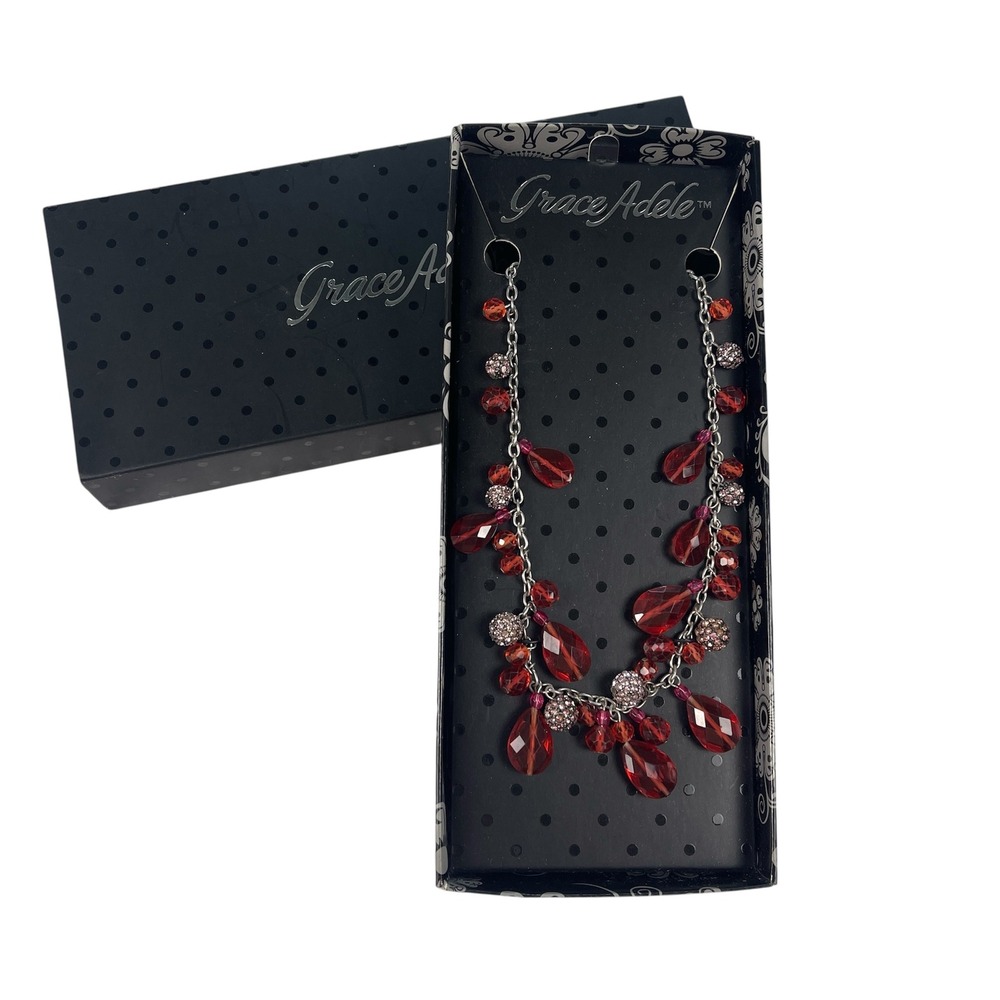 Grace Adele Red Beaded Necklace Silver Tone Teardrop Pave‎ Crystal